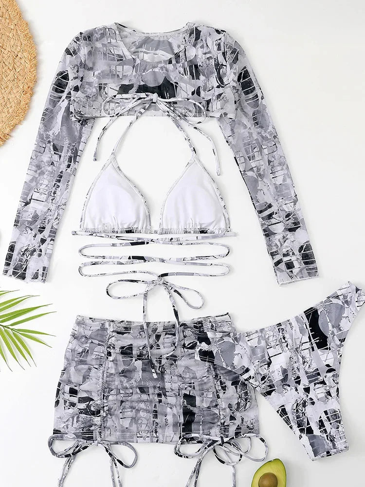 Long Sleeve Printed Halter Bikini Female Swimsuit Women Swimwear Four-pieces Bikini Set with Mesh Skirt Bathing Suit Beach Wear