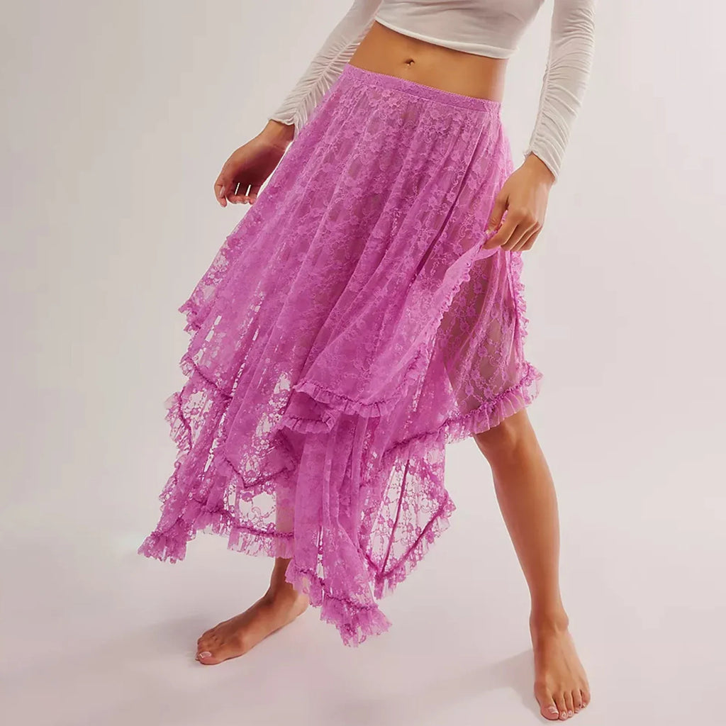 Women's Solid Color Midi Skirts Lace Elastic High Waist Skirts Spring Summer Sweet Irregular Hem Casual Skirts