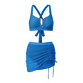 Women Summer Solid Color Bikini Sets Sleeveless Bra with High Waist Drawstring Skort Bathing Suit 2-piece Swimsuit