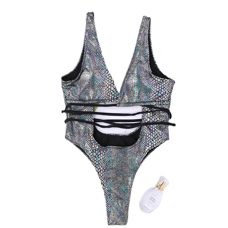 DEKA Women's Mesh Patchwork One Pieces Swimwear Sexy New Hollow Out High Cut Bandage Swimsuit Monokini Push Up Bikini