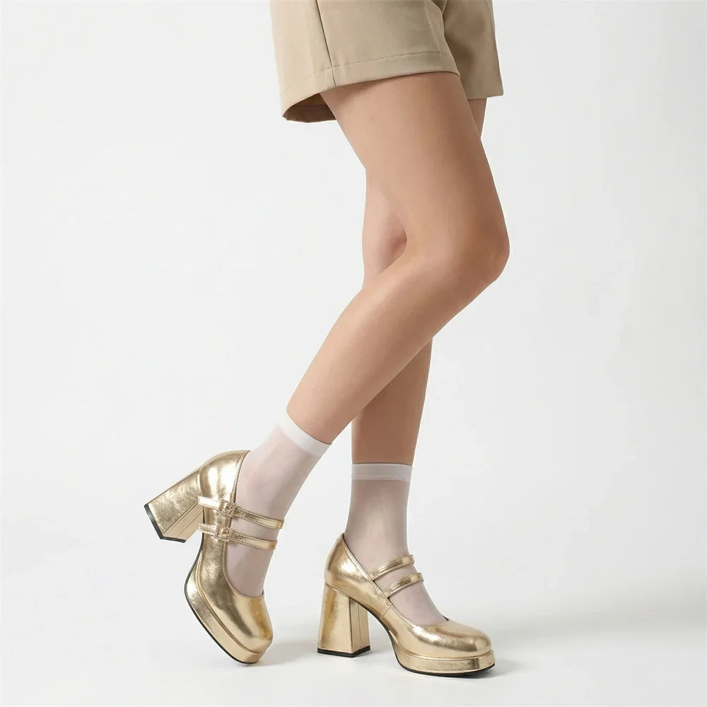 Big Size 32-46 Y2K Metallic Mary Jane High Heels Women Shoes Round Toe Double Straps Rhinestone Buckle Platform Block Heel Pumps