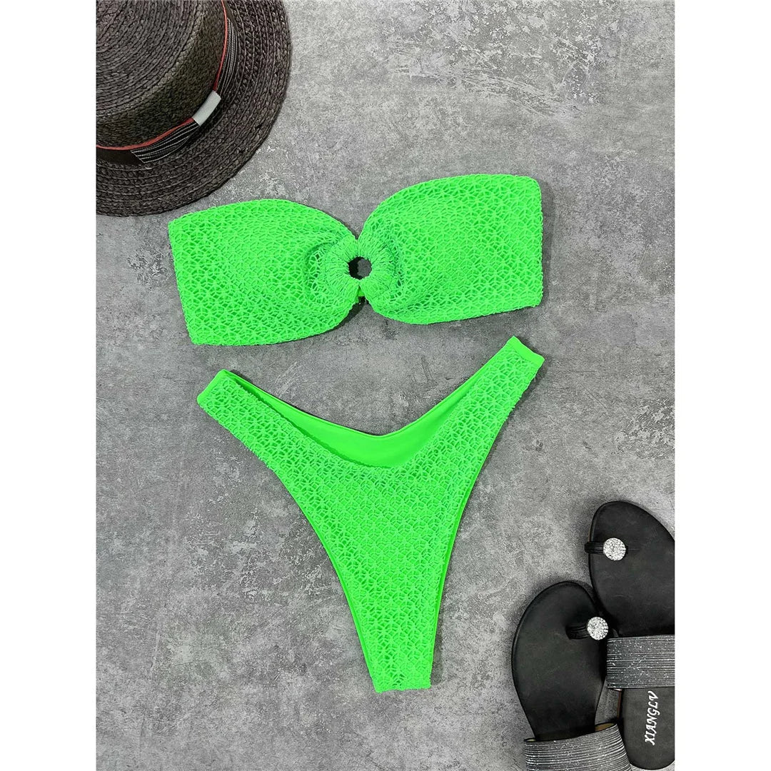 Wrinkled Bandeau High Cut Bikini Women Swimwear Female Swimsuit Two-Pieces Bikini Set Strapless Bather Bathing Suit Swim V3367