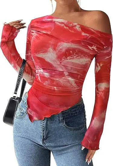 Women's Off-Shoulder Ruffled Sleeve Long-Sleeve Top with Asymmetrical Tie-Dye Mesh Asymmetrical Pleated Floral Print T-Shirt
