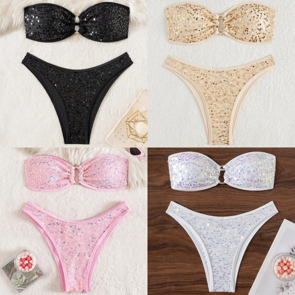 Sexy Bandeau Bikini 2026 Women Shiny Sequin Front Ring Push Up Micro Swimsuit Summer Pink Bathing Suit Thong Swimwear Biquini