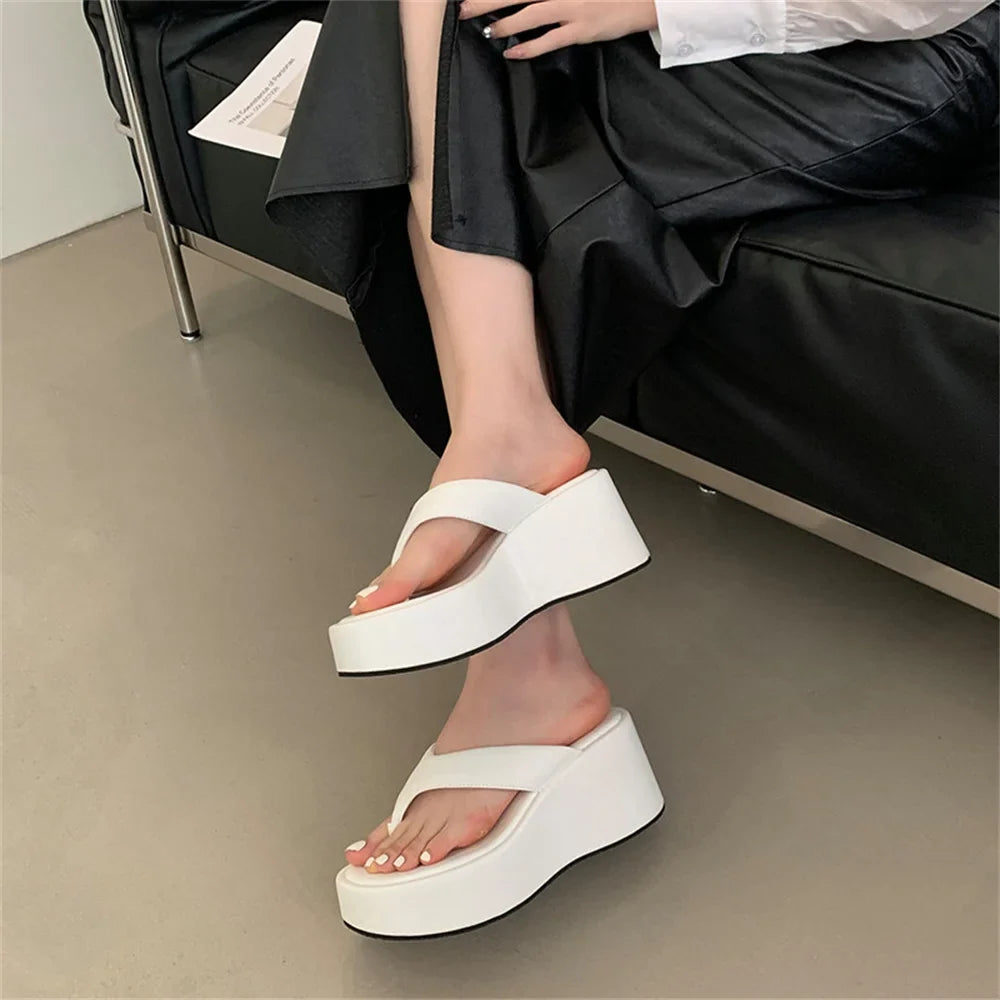 Vintage Y2K Leopard Flip&Flops Sandal Summer Chunky Platform Sandals Women Slipper Wedges Slides 8cm High Heels Shoes Mules