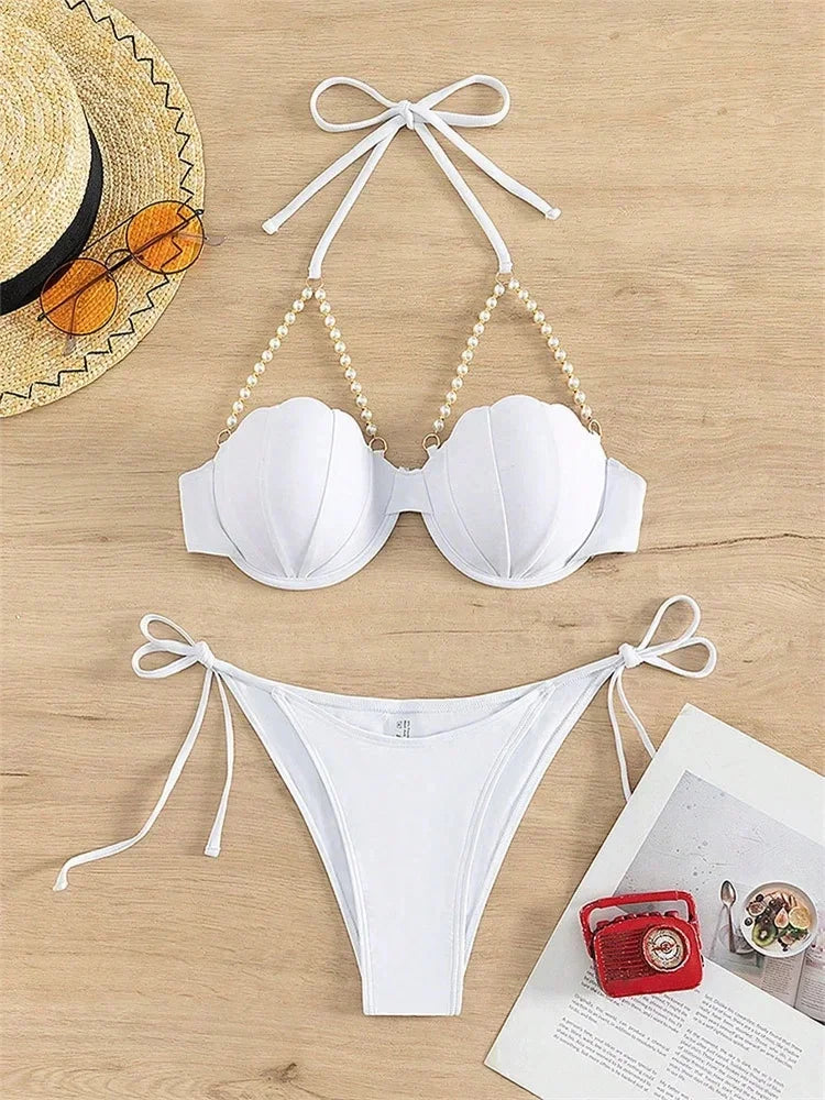 Shell Shaped Underwired Bra Cup Bikini Women Pearls Bikinis 2025 Female Swimwear Two Pieces Bikini Set Push Up Bathing Suit Swim