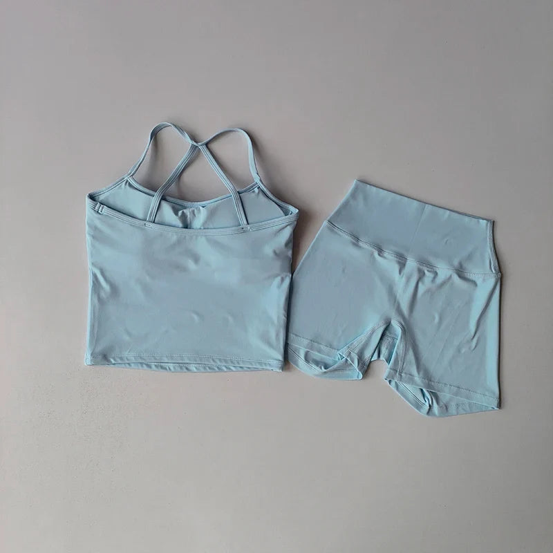 Women's Slim Shoulder Yoga Vest High Waisted Waist Hugging Naked Yoga Three Part Shorts Exercise Set Popular Fitness Clothing