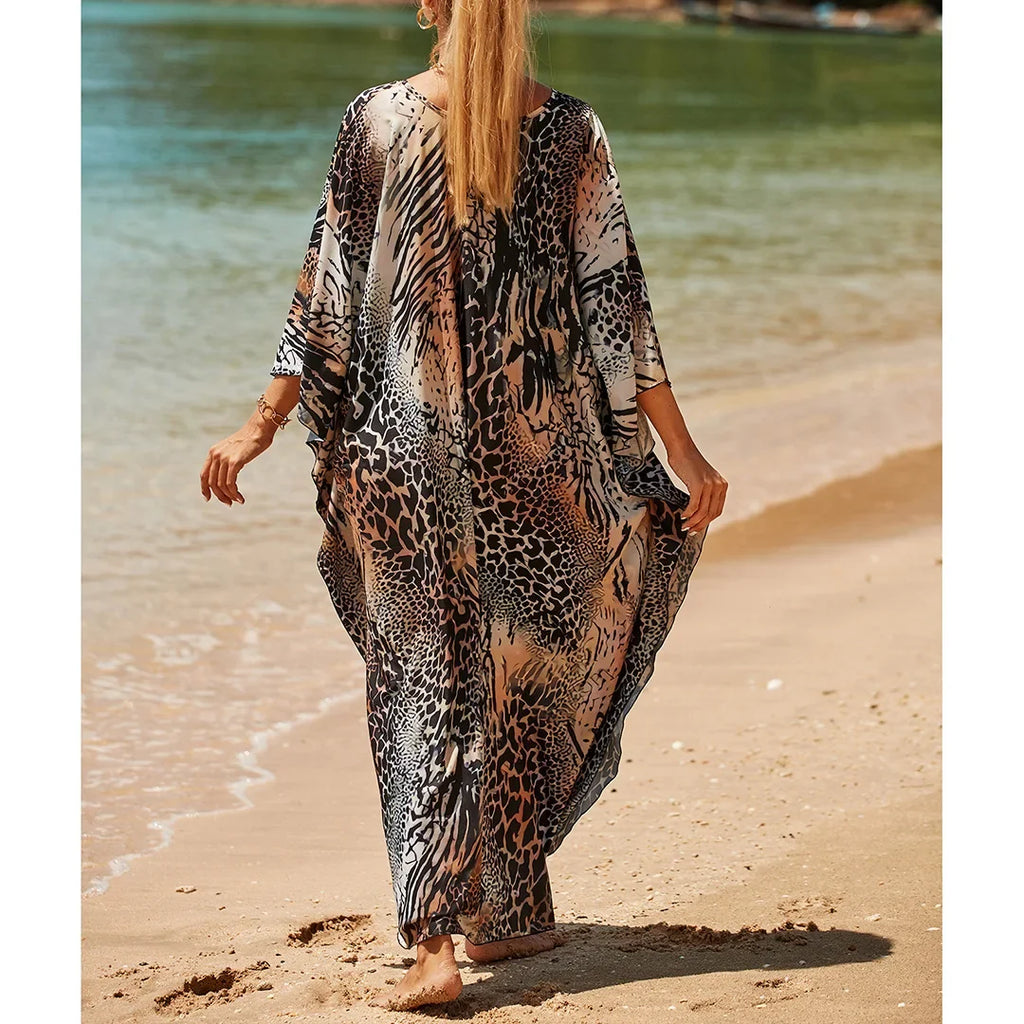 Sexy Zebra Printed V Neck Tunic Beach Cover Up Cover-ups Beach Dress Beach Wear Beachwear Beach Long Dress Female Women V4159