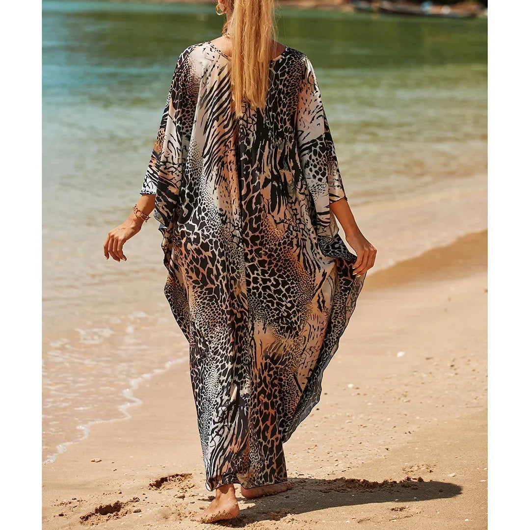 Sexy Zebra Printed V Neck Tunic Beach Cover Up Cover-ups Beach Dress Beach Wear Beachwear Beach Long Dress Female Women V4159