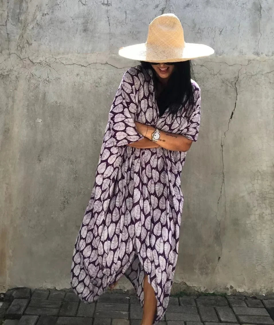 2024 New Summer Sexy Beach Kimono Swimwear Cotton Cover Up Swimsuit Women Print Bikini Cover Up Beachwear Dress Robe