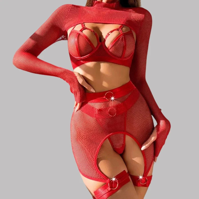 Toucheart Sexy Lingerie Set For Women Hollow Mesh See-through Sexy Temptation Free Underwear Long Sleeves Garters Lingerie Set