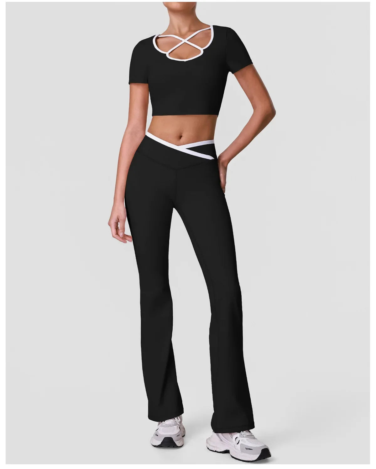 Summer Quick Drying Yoga Sets Women Black Patchwork Short Sleeve Cross Neck Sports Top High Waist Flared Pants Fitness Suits