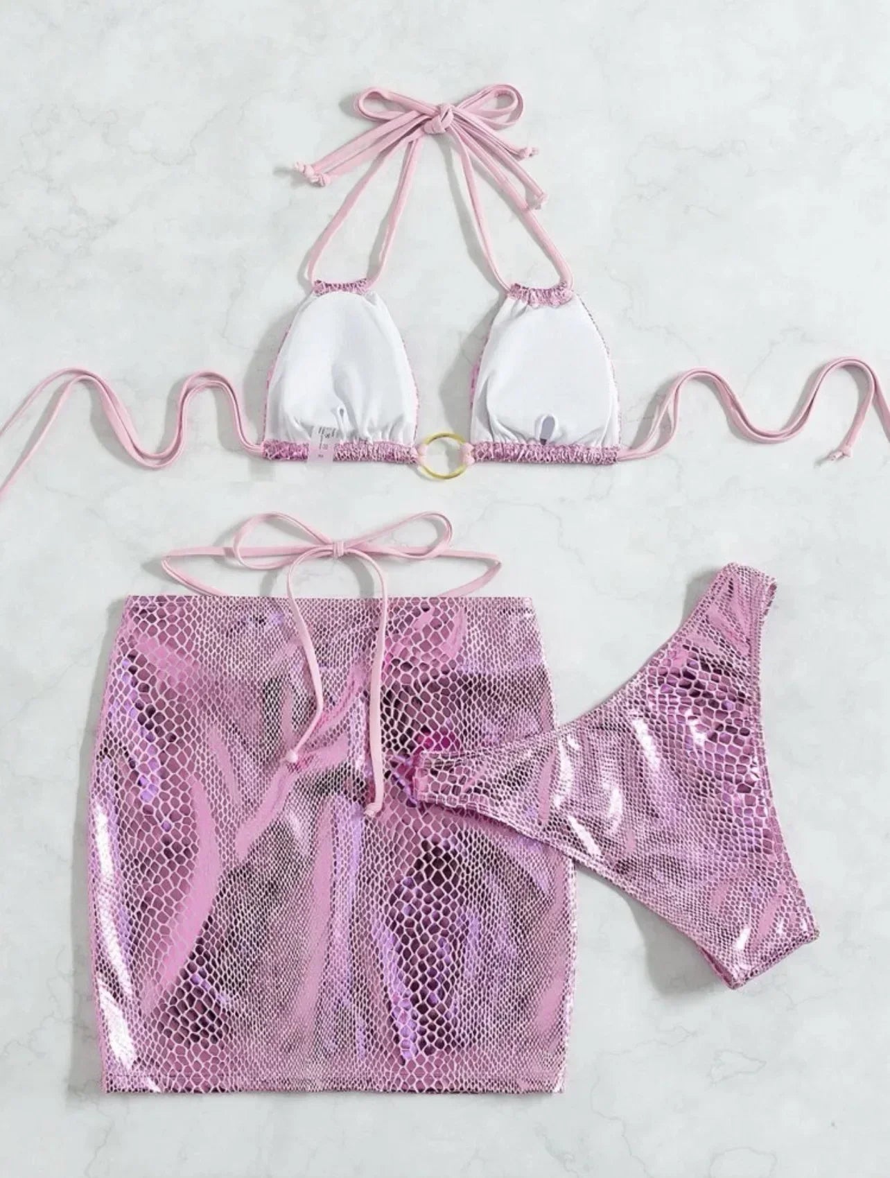3PCS with Skirt Shiny Snake Skin Bikini Women Swimwear Female Swimsuit Three-pieces Bikini Set Halter Bathing Suit Beach Wear