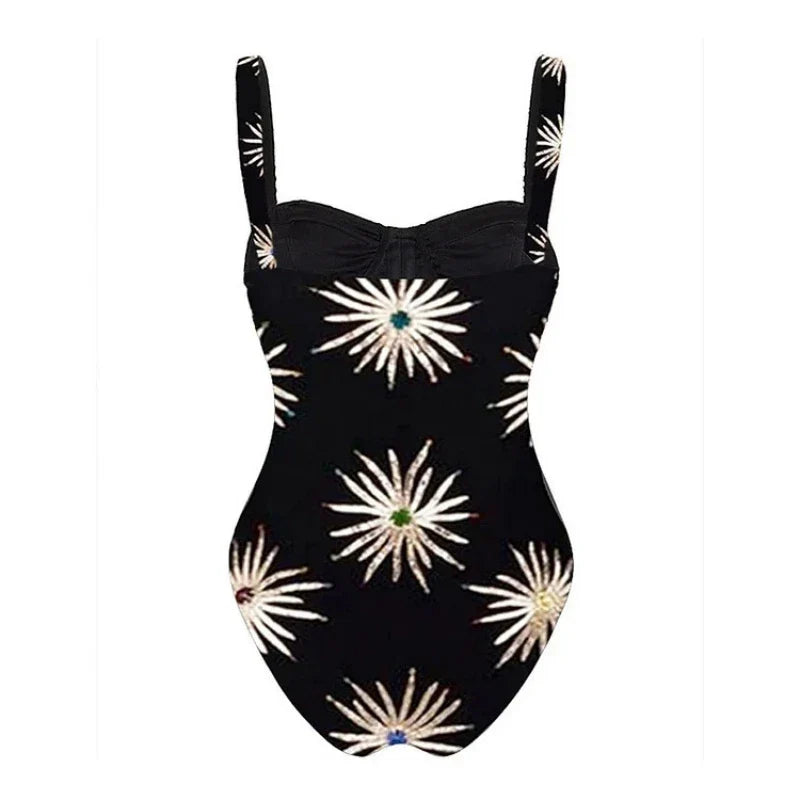 Retro One Piece Swimsuit with Skirt Shoulder Strappy Floral Print Women's Slimming Bathing Suit Beach Wear