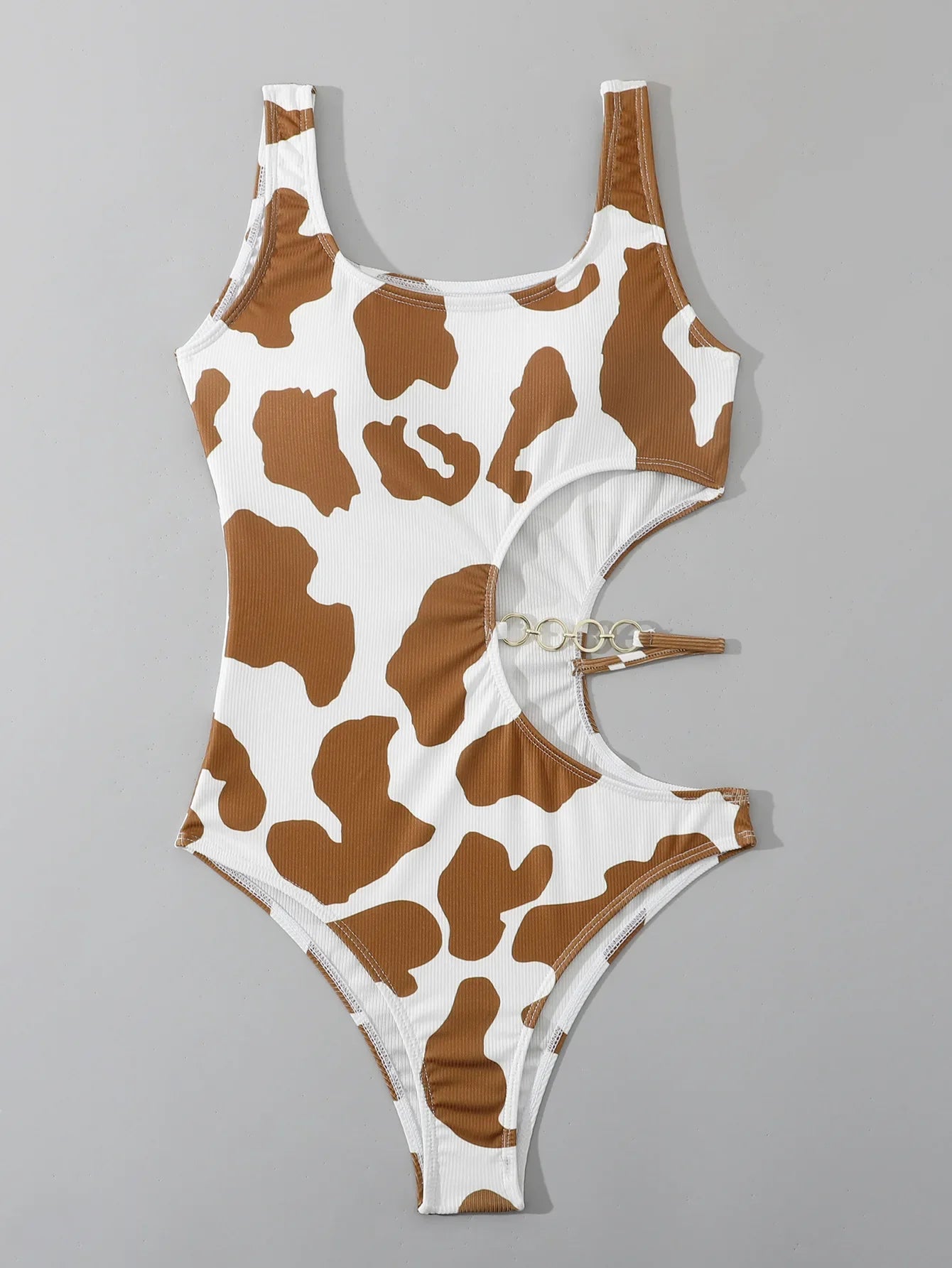 2026 Cow Print Rib Cut-out One Piece Swimsuit Ring Link Swimwear Women Bathing Suit Female Swimming Summer Beachwear Bodysuit