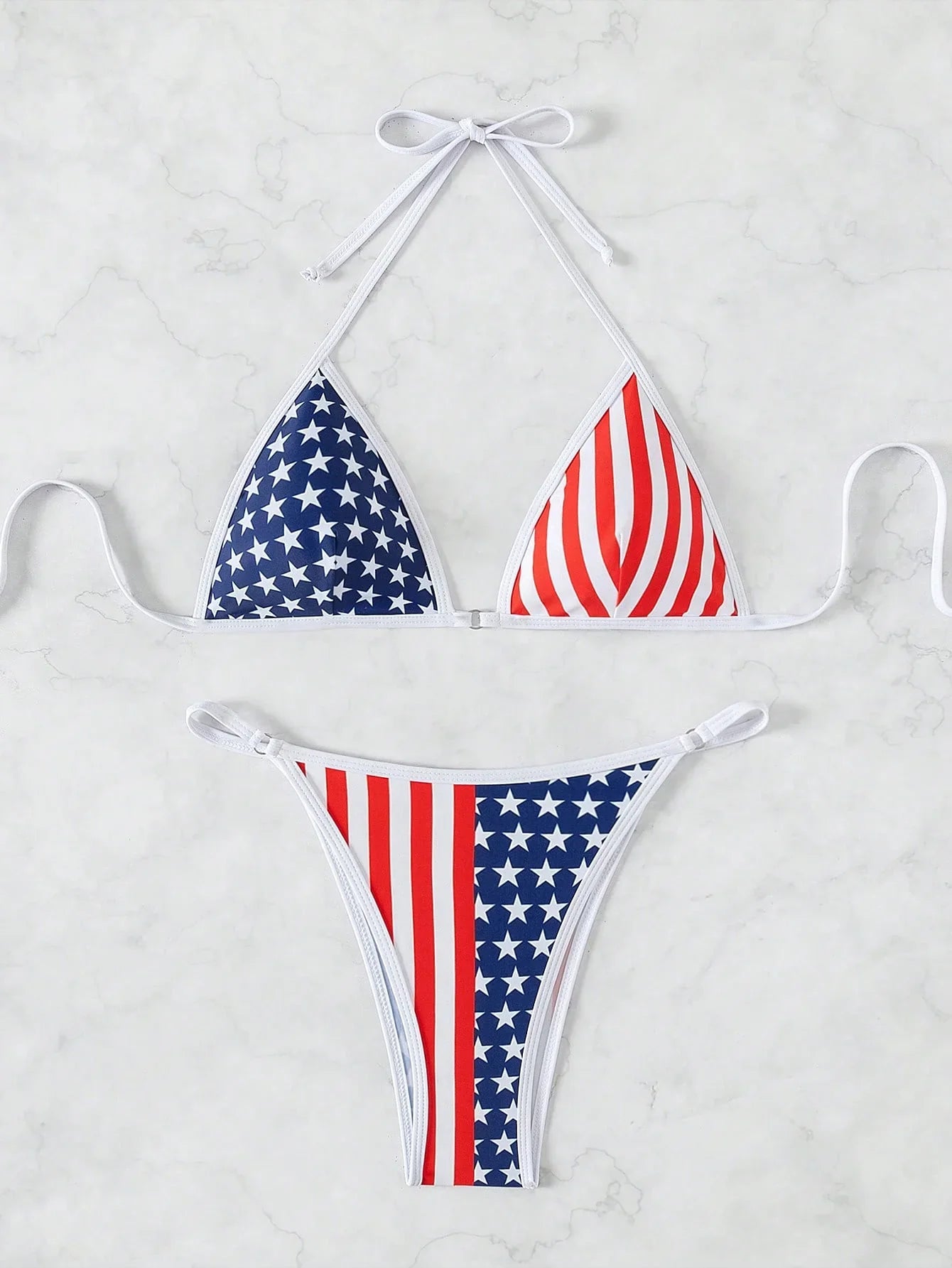 Women's USA Flag Print Triangle Bikini Set, Halter Neck Two Piece Swimsuit for Beach & Patriotic Holidays