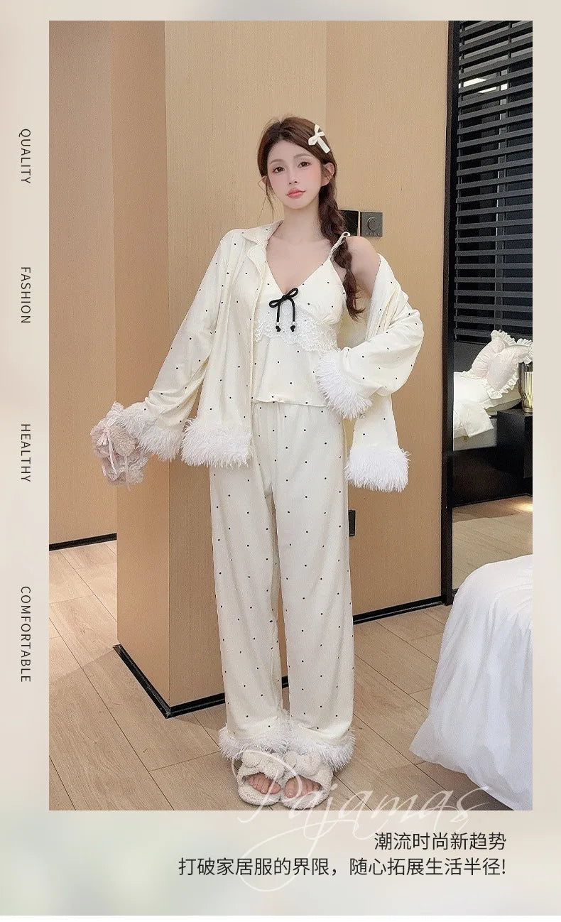 Fashionable Home Pajamas Three-piece Set Island Velvet Pajamas Spring and Autumn Suspenders Sexy Homewear Casual Suit