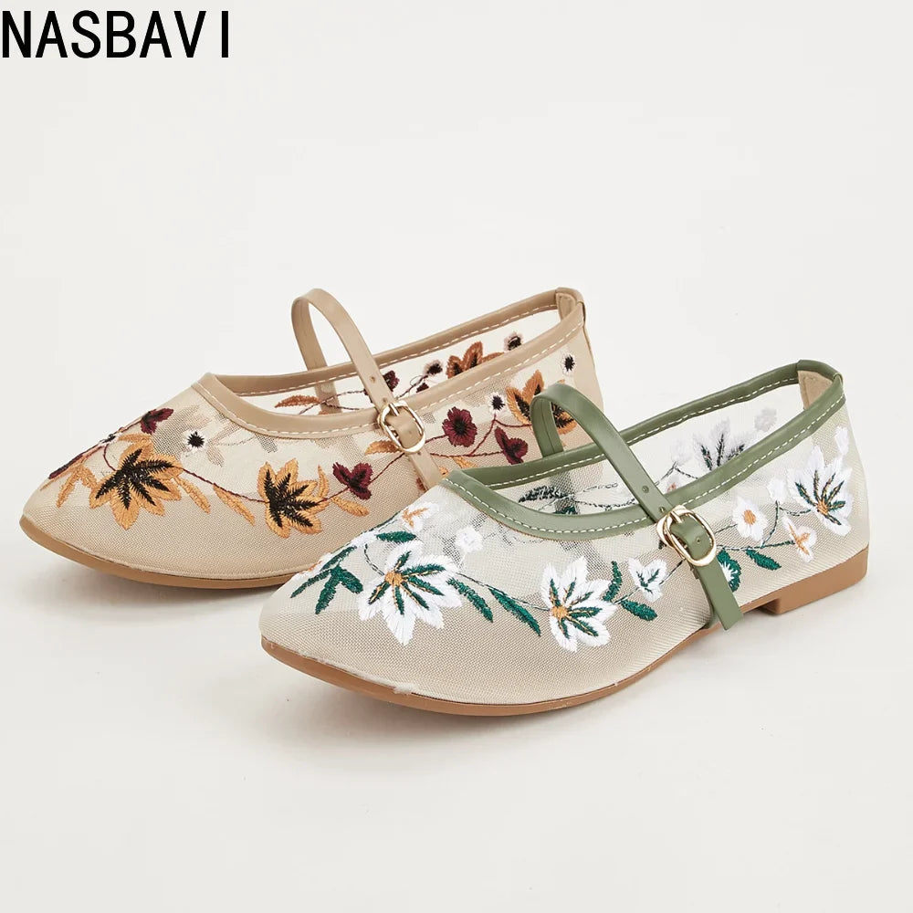 New Summer Women's Lace Flats Shoes Fashion Round Toe Shallow Girls Flower Embroidered Mesh Breathable Soft Sole Single Shoes