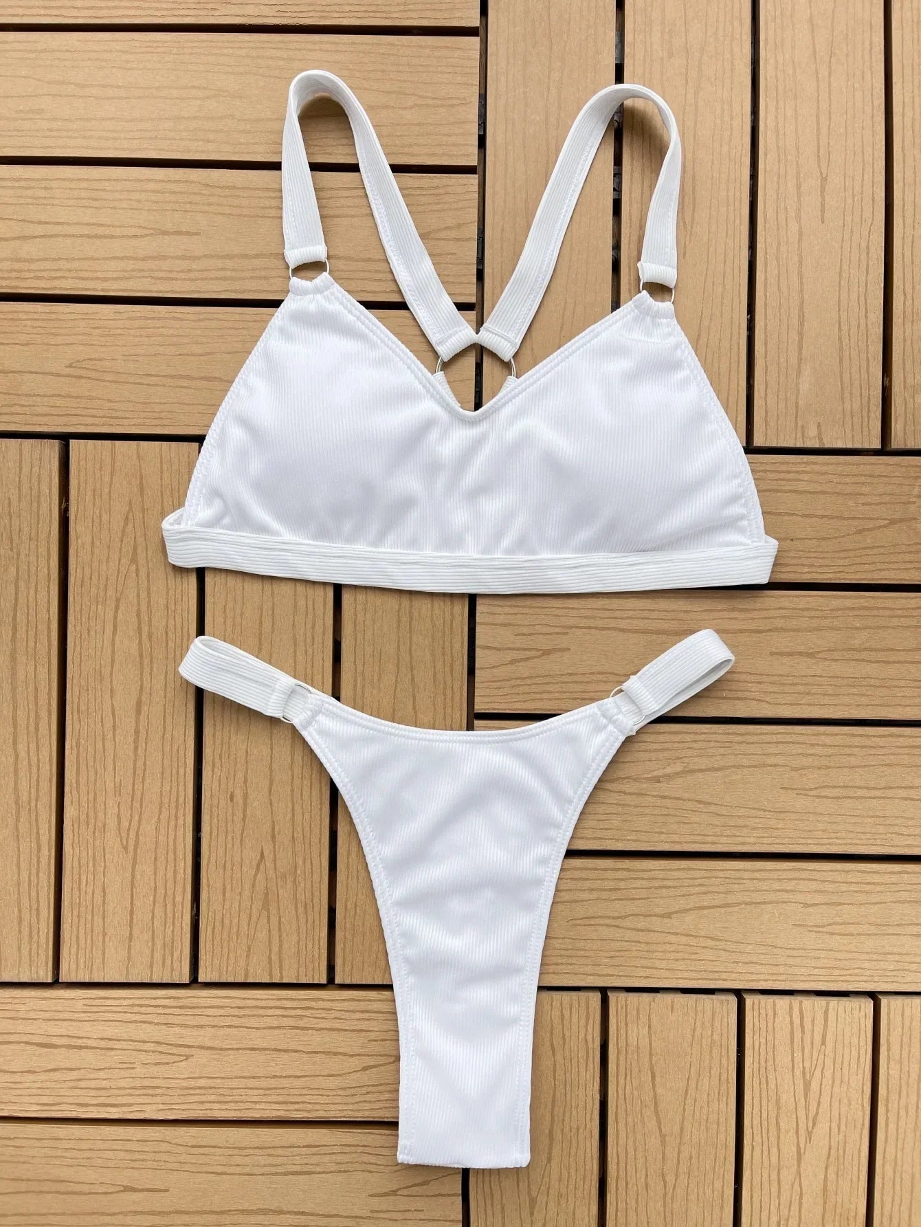 Sexy Ring Linked Backless Bikini Set Women Solid Black White Hollow Out Push Up Micro Swimsuit 2024 Bathing Suit Thong Swimwear