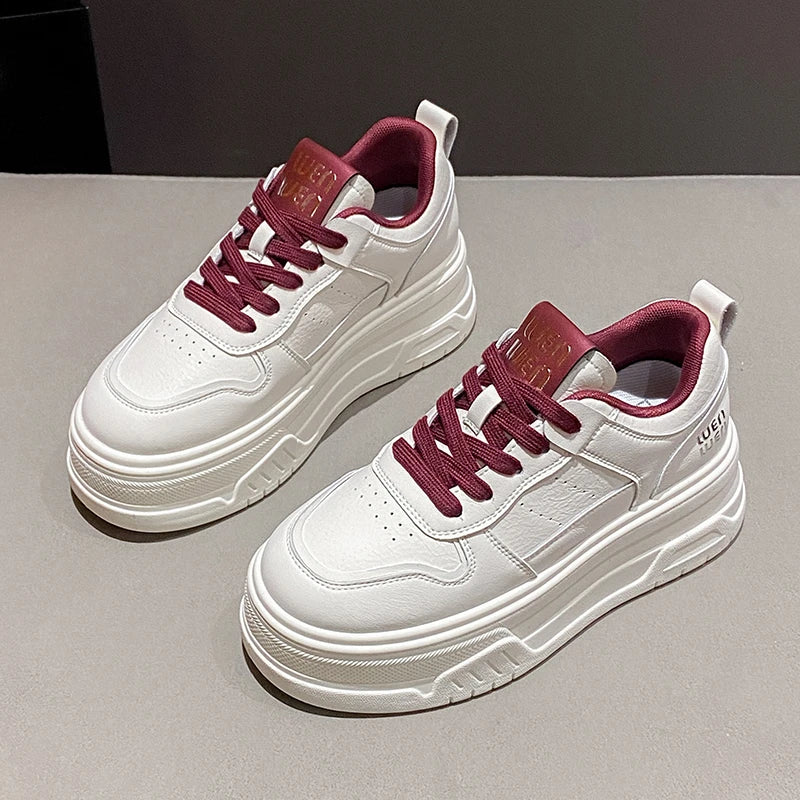 Pu Leather Thick Bottom Sneakers Women 2025 Breathable Platform Vulcanised Shoes Woman Womens All Match Lace Up Casual Sneakers