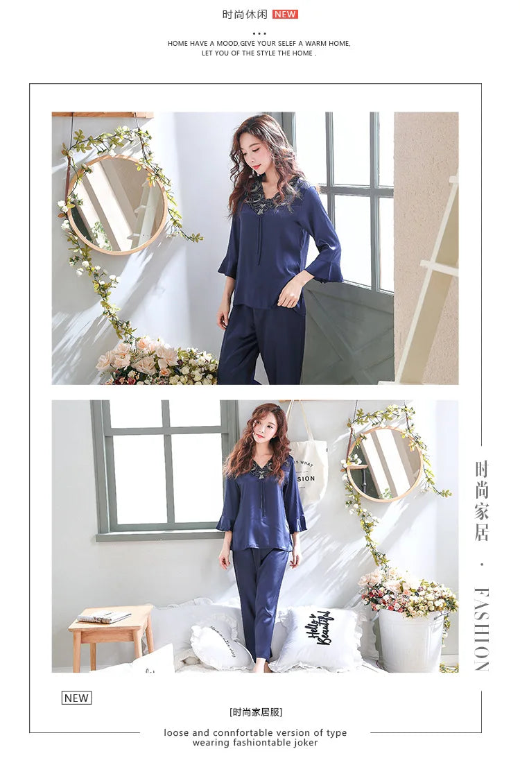 Spring and summer silk women's pajamas long-sleeved autumn and winter new imitation silk women's home clothes