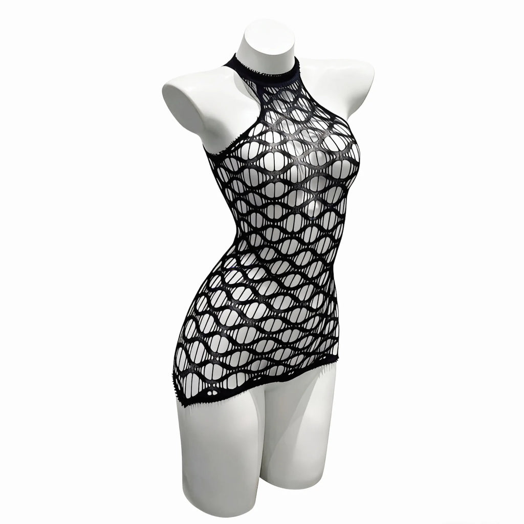 Sexy Mesh Halter Neck Hollow Out Open Crotch Dress With Exposed Chest And Sheer For Women Off-the-shoulder Mini Dress Charm RCIJ