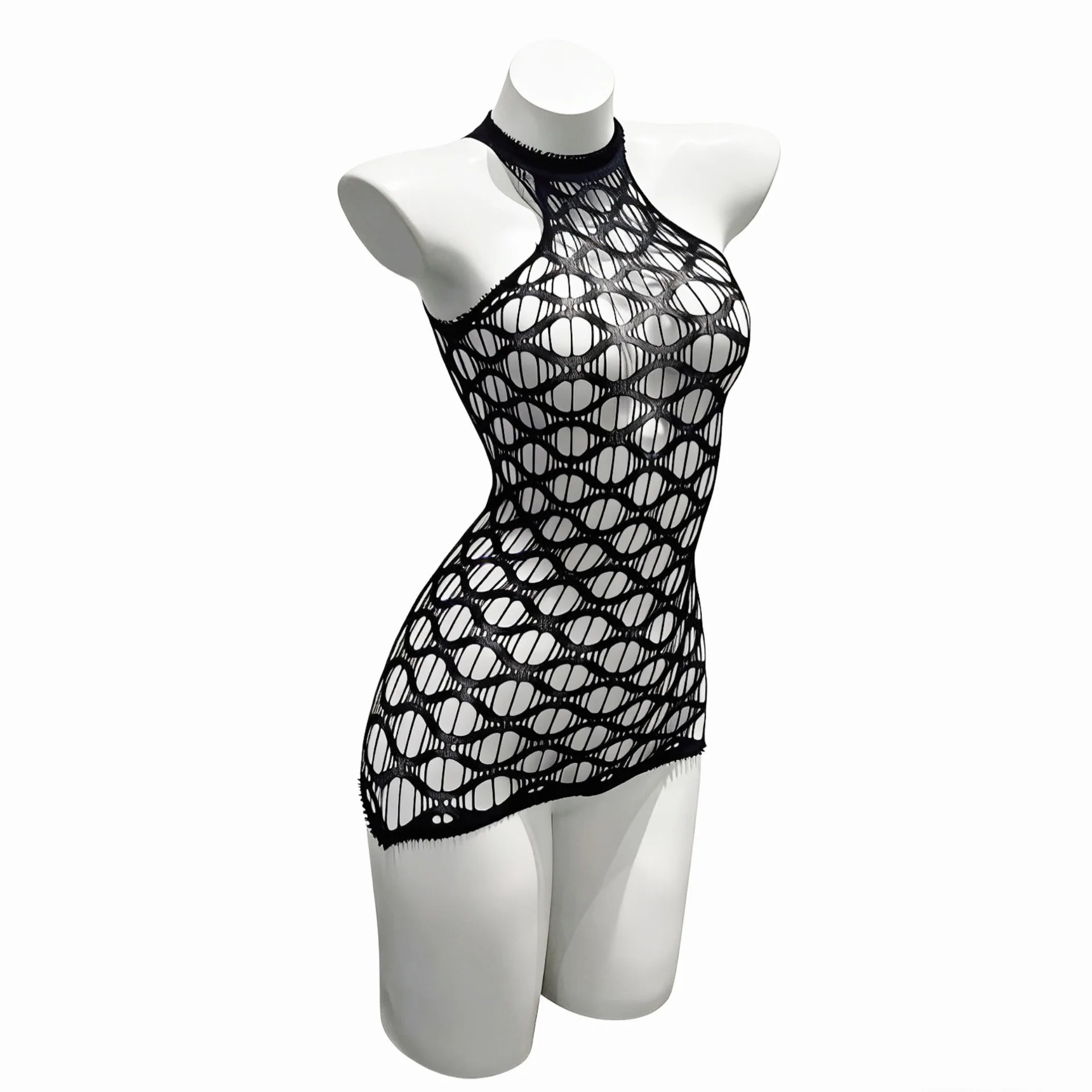 Sexy Mesh Halter Neck Hollow Out Open Crotch Dress With Exposed Chest And Sheer For Women Off-the-shoulder Mini Dress Charm RCIJ