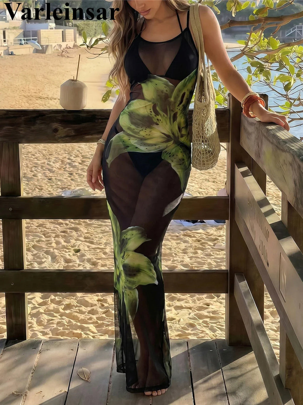 With Floral Dress Printed Halter Bikini Female Swimsuit Women Swimwear Three-pieces Bikini set Bather Bathing Suit Swim V8204