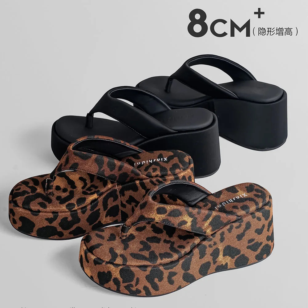 Vintage Y2K Leopard Flip&Flops Sandal Summer Chunky Platform Sandals Women Slipper Wedges Slides 8cm High Heels Shoes Mules
