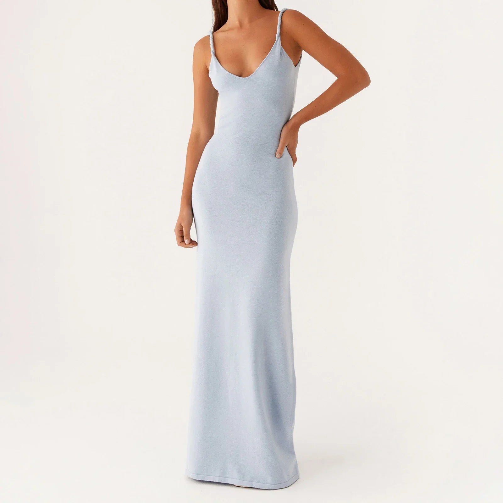 Women Sleeveless Summer Solid Color Twisted Straps Dresses V-Neck Backless Party Club Vacation Beach Long Dresses