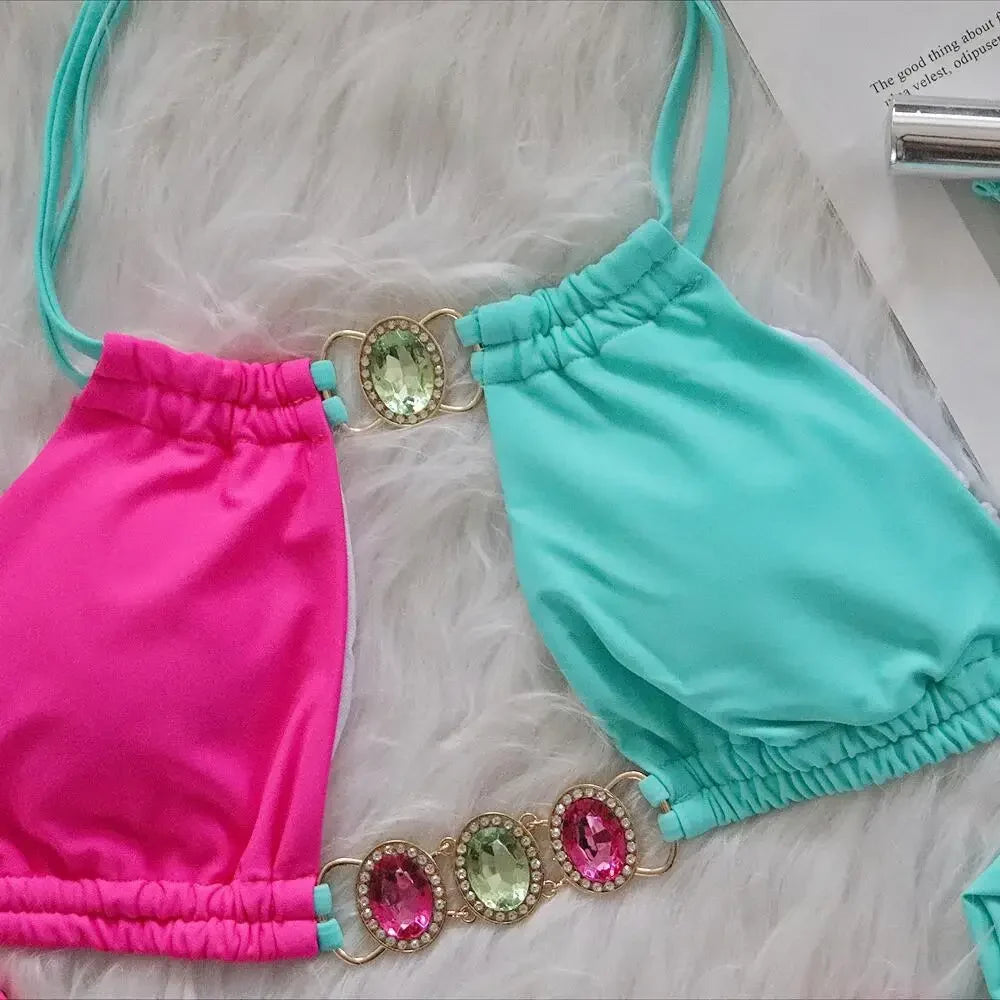 Splicing Halter Jewelled Diamond Bikini 2025 Women Swimsuit Female Swimwear Two Pieces Bikini Set Hollow Out Bathing Suit Swim