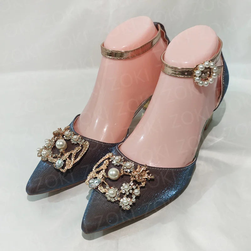 ZOKI Fashion Pearl Buckle Square Heels Pumps Women Pointed Toe Bling Crystal Party Shoes Woman Elegant Med Heels Bride Shoes
