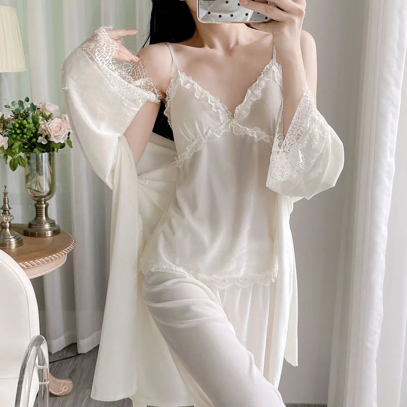 Gold velvet three-piece pajamas set, autumn and winter lace nightgown, sexy home wear with chest pad