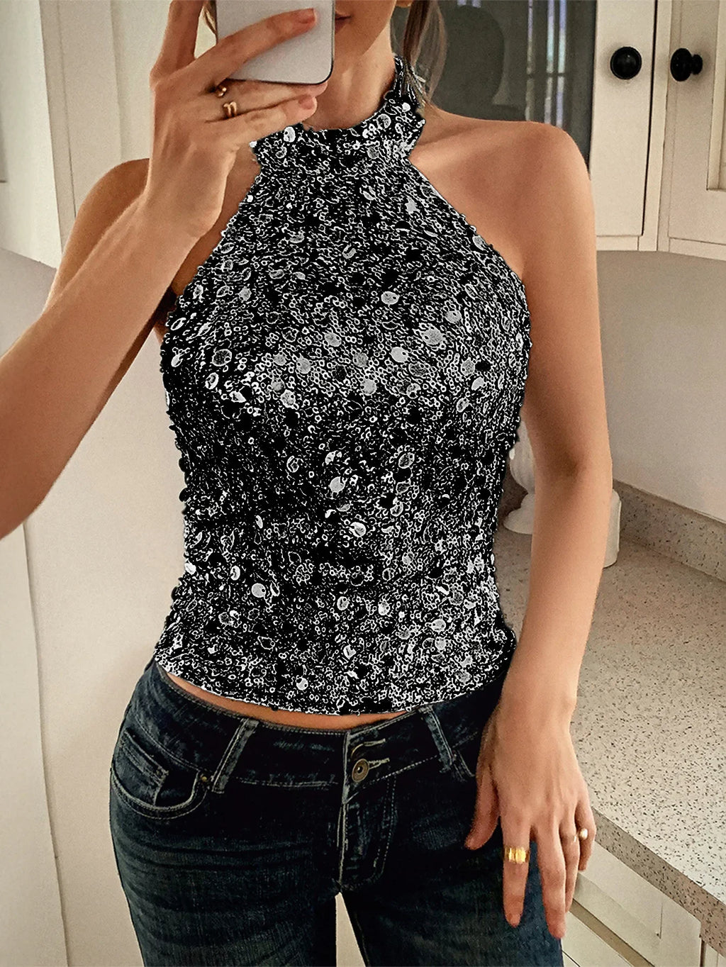 Phantasy Elegant Temperament Neck Sequin Camisole Women T-shirt Sexy Sleeveless Tank Top Female Clothes Tops 2025 Summer