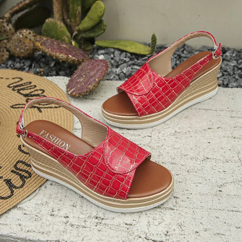 Buckle Strap Wedge Heel Sandals for Women Summer 2026 Plaid Pattern Platform Sandals Woman Thick Bottom Anti Slip Beach Shoes