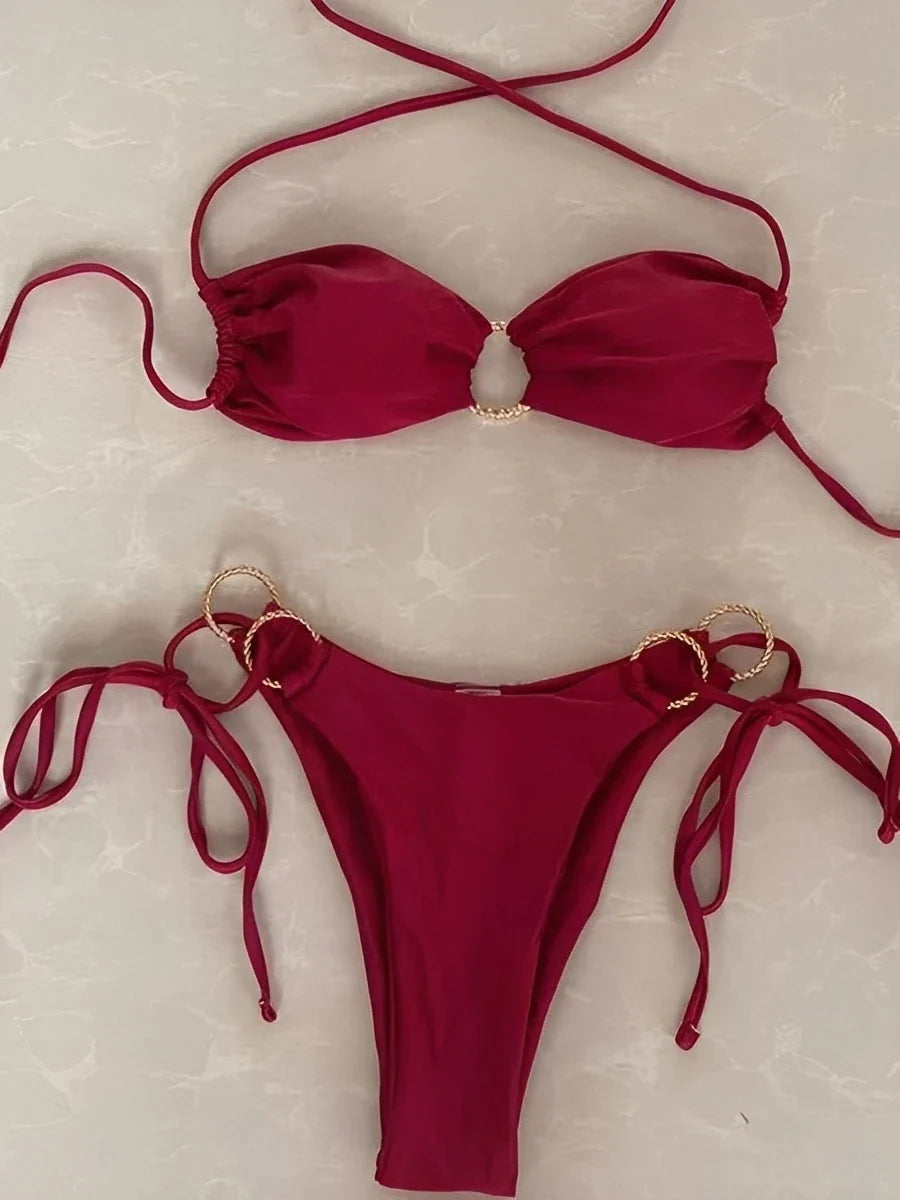 2026 Halter Bikinis Women Padded Swimwear Female Sexy Ring Linked Swimsuit Solid Bathers Bathing Swimming Swim Suit Beachwear