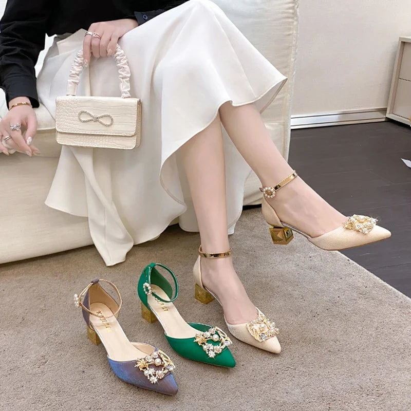 ZOKI Fashion Pearl Buckle Square Heels Pumps Women Pointed Toe Bling Crystal Party Shoes Woman Elegant Med Heels Bride Shoes