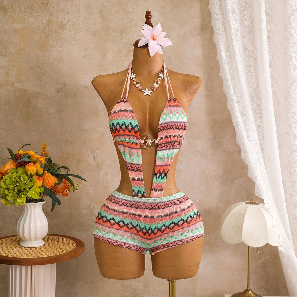 Bohemia Pink Knitted Striped Swimwear 2026 Women Metal Circle Patchwork Hollow Backless Beach Bathing Suit One Piece Swimsuit