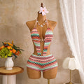 Bohemia Pink Knitted Striped Swimwear 2026 Women Metal Circle Patchwork Hollow Backless Beach Bathing Suit One Piece Swimsuit