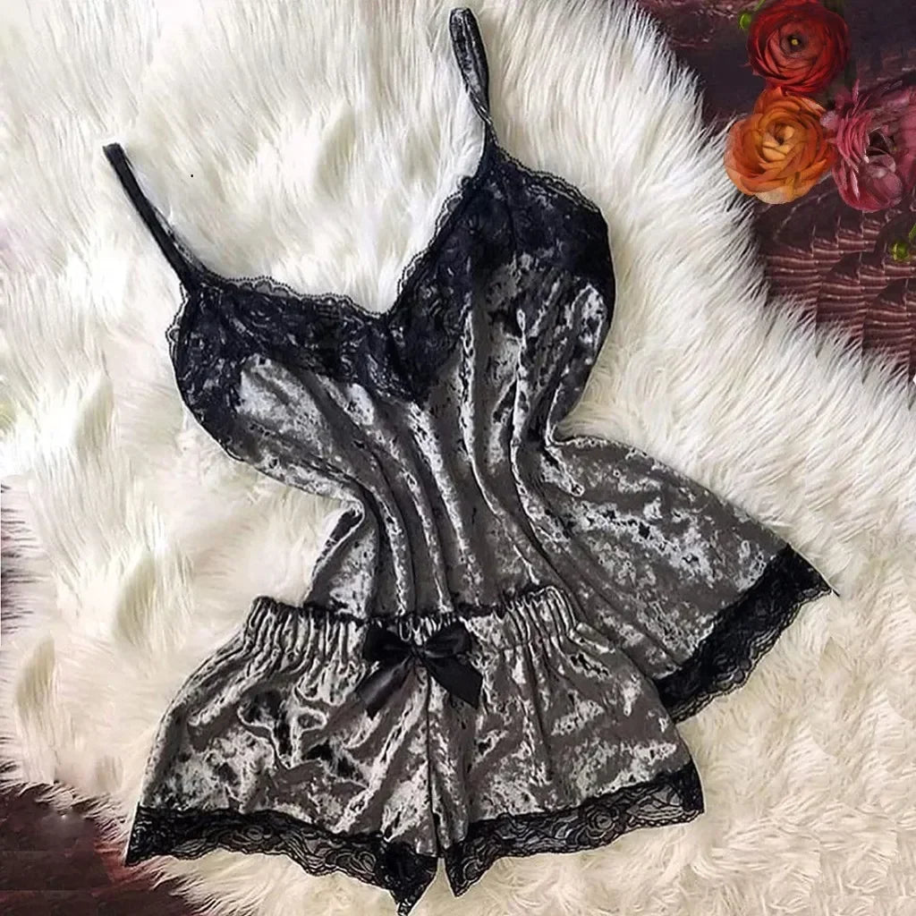 Summer Lace Sleepwear Sexy Satin Pajamas Set Women Nightshirt 2 Pieces Crop Tops and Shorts Set Homewear Loungewear