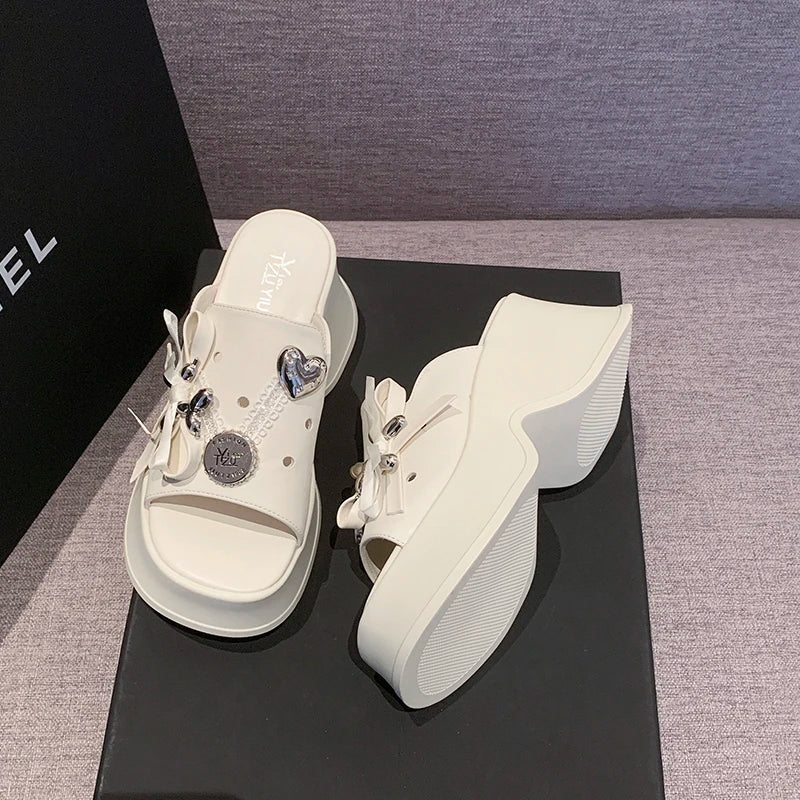 Metal Decor Chunky Platform Sandals Women 2026 Summer Open Toe High Heels Clogs Slippers Woman Bowknot Wedge Heel Sandles Female