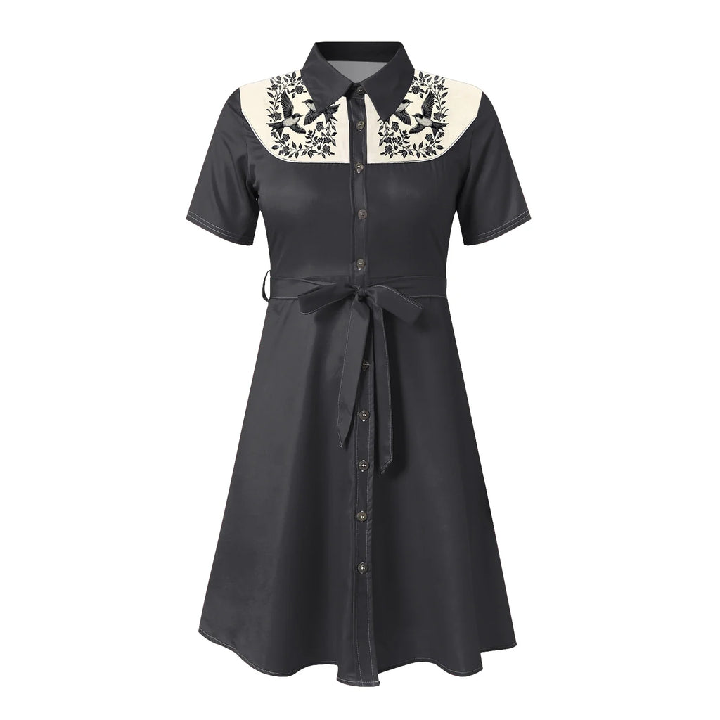 Western Cowgirl Printed Dress Halloween Cosplay Costume Summer Cowboy Button-Down Dress Short Sleeves 100% Cotton Sexy Dress