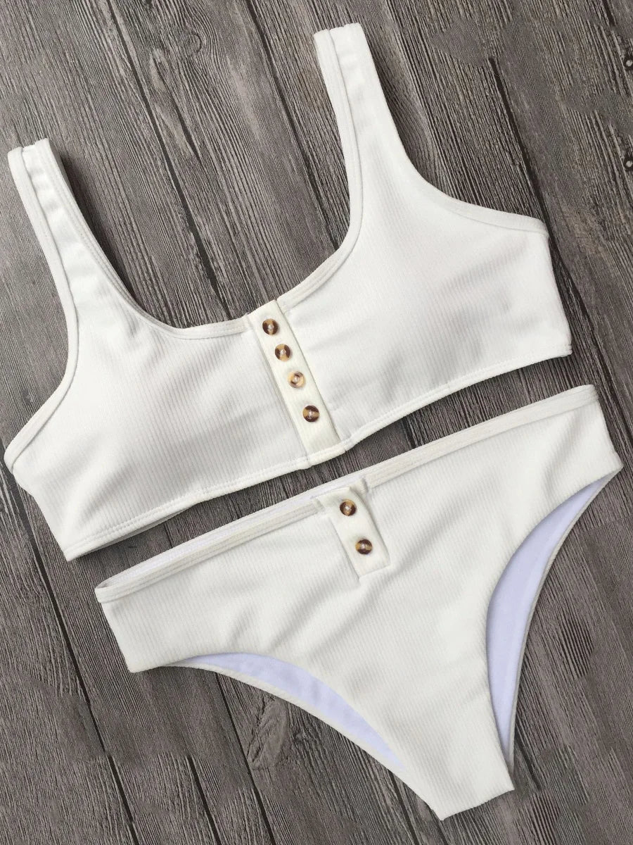 Sexy Sport Button Bikini 2025 Bandeau Swimwear Women Ribbed Swimsuit Female Two pieces bikini set Bathers Push Up Bathing Suit