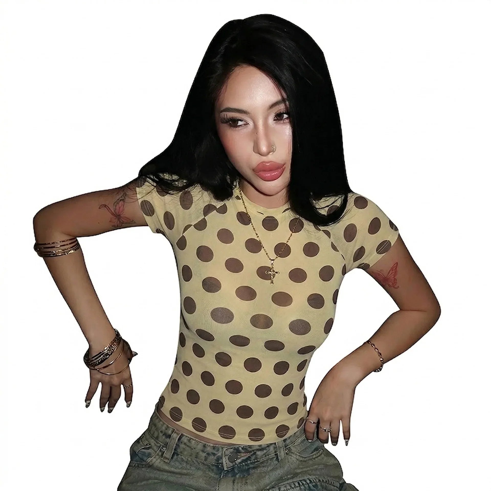 2026 Summer Women's Tops Round Neck Short Sexy Polka Dot T-Shirt Tops