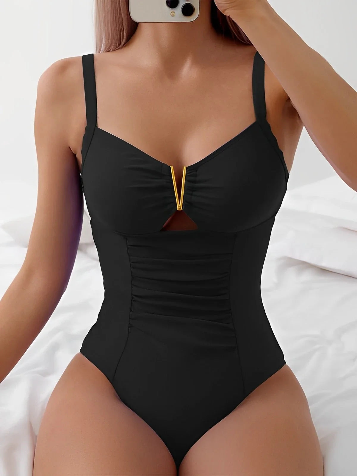 2026 Cut Out Ruched Front Swimsuit One Piece Swimwear Women Sexy Bathers Bathing Swimming Swim Suit Female Beachwear XXL