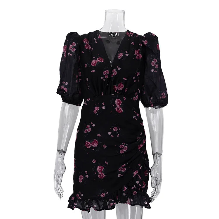 FDYOUI Elegant V-neck Floral Printed Short Dress High Street Women's Puff Sleeve High Waist Tunics Ruched Vacation Party Dresses