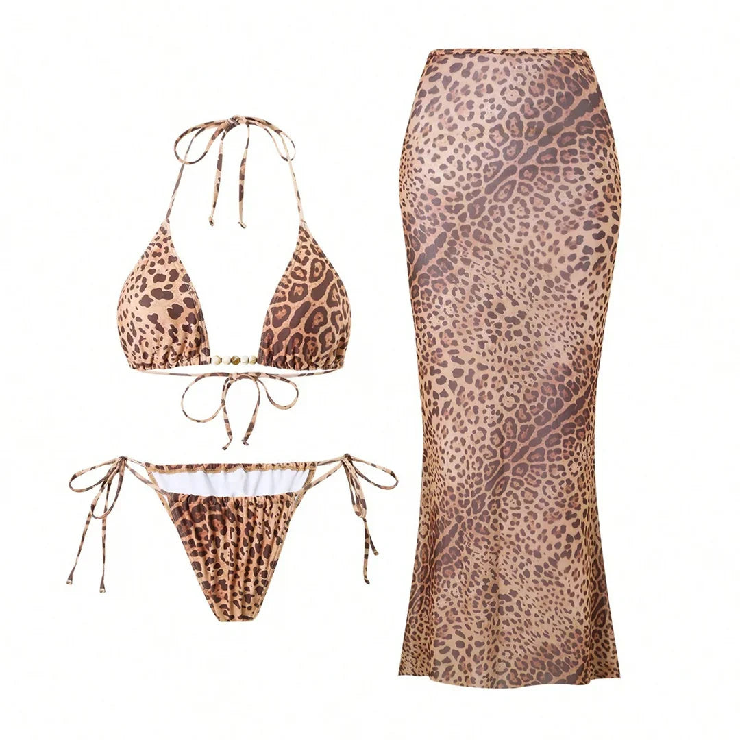 XS - L Leopard With Skirt Halter Bikini Female Swimsuit Women Swimwear Three-Pieces Bikini Set Bather Bathing Suit Swim V6630