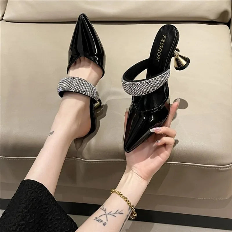 American pointed rhinestone high-heeled slippers women slim heels with toe caps, empty fashion sandals,