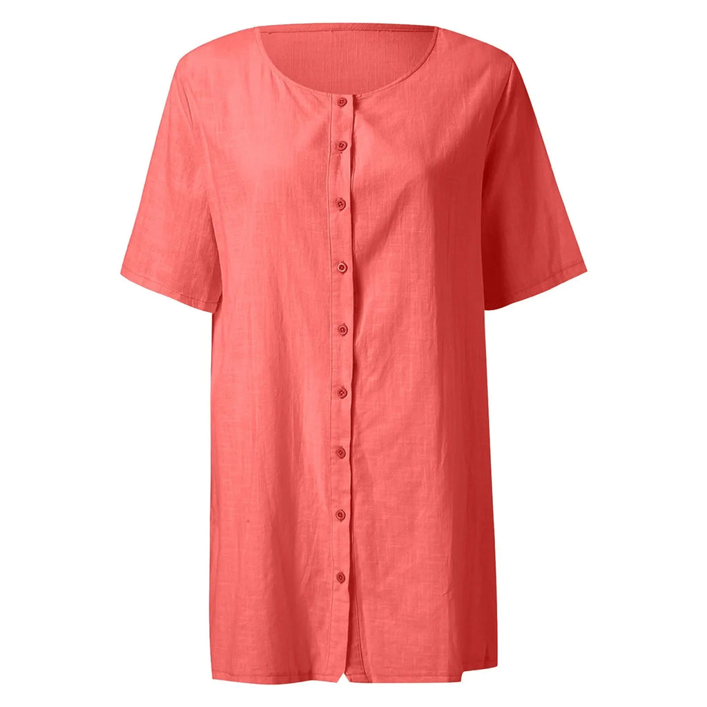 Cotton Linen Breathable And Comfortable Mid Length Oversized Button Down Half Sleeve O-neck Cardigan Casual Beach Suncreen Top