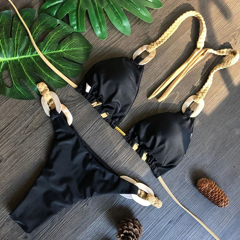 Patchwork Halter High Cut Knitted Bikini Women Swimwear Female Swimsuit Two-pieces Bikini Set Brazilian Bather Bathing Suit Swim